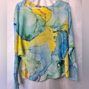 Abstract Watercolor Print Lightweight Knit Italian Top - Blue/Yellow/Green